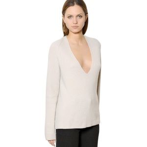 Helmut Lang Wool and Cashmere Knit V Neck Sweater In Cream